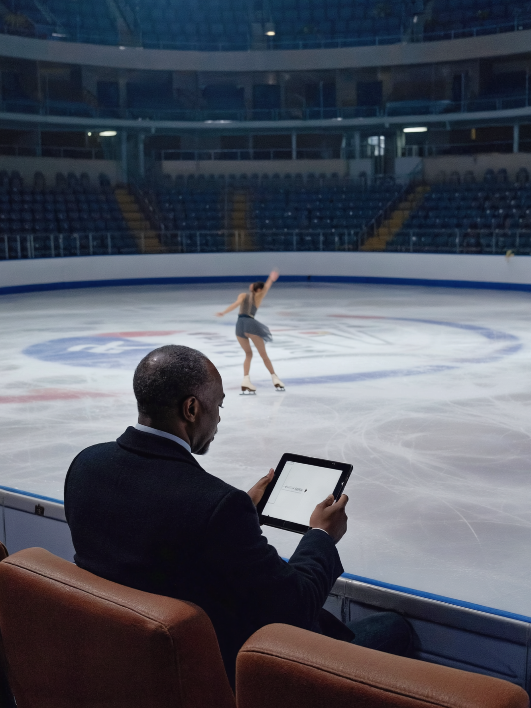 Figure-skating judge scoring on a tablet rinkside as a skater performs