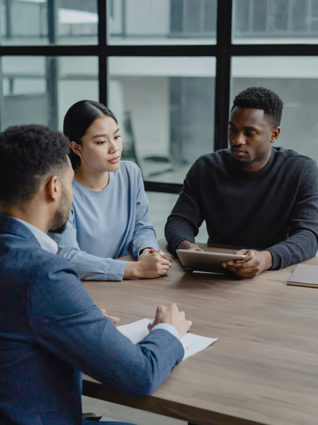 Interview panel scoring a candidate independently on a tablet